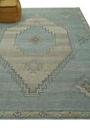 Traditional Medallion Design Blue and Beige Hand Knotted Wool Rug Custom Made