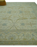 Traditional Turkish Oushak Design Beige And Blue Hand Knotted 12.4x15 Wool Area Rug
