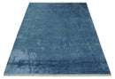 Transitional 8x11 Ivory and Blue Modern Abstract Hand knotted Wool and Art Silk Area Rug