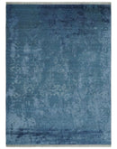 Transitional 8x11 Ivory and Blue Modern Abstract Hand knotted Wool and Art Silk Area Rug