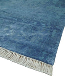 Transitional 8x11 Ivory and Blue Modern Abstract Hand knotted Wool and Art Silk Area Rug