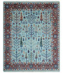 Tree of Life Hand Knotted Blue and Rust Modern Persian Vintage Oushak Custom Made Wool Rug
