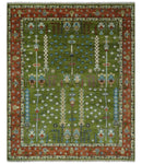 Tree of life Green and Rust Traditional Hand knotted 8x10 wool Area Rug