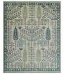 Tree of life Ivory, Teal, Olive and Brown Hand Knotted Traditional Oushak wool Area Rug