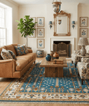 Tree of Life Traditional Hand Knotted Teal Blue and Ivory Custom Made Wool Area Rug