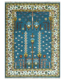 Tree of Life Traditional Hand Knotted Teal Blue and Ivory Custom Made Wool Area Rug