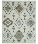 Tribal Design 8x10 Ivory and Brown Traditional Geometrical Pattern Hand Knotted Wool Area Rug