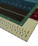 Tribal Gabbeh Blue, Gold, Maroon and Ivory Stripes design Traditional Hand loom 4.6x7 Wool Area Rug