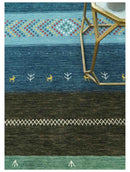 Tribal Gabbeh Blue, Gold, Maroon and Ivory Stripes design Traditional Hand loom 4.6x7 Wool Area Rug