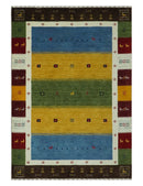 Tribal Gabbeh Green, Gold, Blue, Maroon and Ivory Stripes Design Traditional Hand loom 4.6x6.6 Wool Area Rug