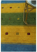 Tribal Gabbeh Green, Gold, Blue, Maroon and Ivory Stripes design Traditional Wool Area Rug