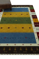 Tribal Gabbeh Green, Gold, Blue, Maroon and Ivory Stripes design Traditional Wool Area Rug