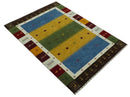 Tribal Gabbeh Green, Gold, Blue, Maroon and Ivory Stripes design Traditional Wool Area Rug