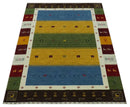 Tribal Gabbeh Green, Gold, Blue, Maroon and Ivory Stripes design Traditional Wool Area Rug