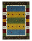 Tribal Gabbeh Green, Gold, Blue, Maroon and Ivory Stripes design Traditional Wool Area Rug