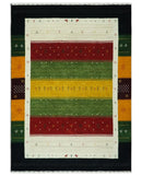 Tribal Gabbeh Green, Gold, Ivory, Maroon and Black Stripes design Traditional Hand loom 4.6x7 Wool Area Rug