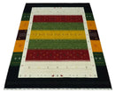 Tribal Gabbeh Green, Gold, Ivory, Maroon and Black Stripes design Traditional Hand loom 4.6x7 Wool Area Rug
