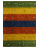 Tribal Gabbeh Green, Gold, Rust and Blue Stripes Design 4.6x7 Wool area Rug