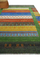 Tribal Gabbeh Green, Rust, Blue and Gold Hand knotted Antique Style Traditional Wool Area Rug