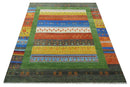Tribal Gabbeh Green, Rust, Blue and Gold Hand knotted Antique Style Traditional Wool Area Rug