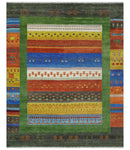 Tribal Gabbeh Green, Rust, Blue and Gold Hand knotted Antique Style Traditional Wool Area Rug