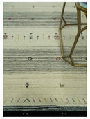 Tribal Gabbeh Ivory, Black, Gold and Maroon Stripes design Traditional Hand loom 4.6x7 Wool Area Rug