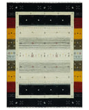Tribal Gabbeh Ivory, Black, Gold and Maroon Stripes design Traditional Hand loom 4.6x7 Wool Area Rug