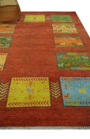 Tribal Gabbeh Rust, Green, Mustard and Aqua 8x10 Hand knotted Wool Area Rug