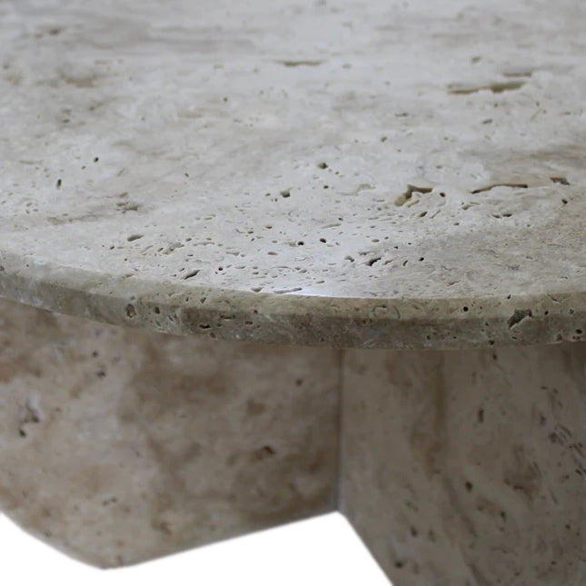 Troia Light Travertine Unfilled Round Polished Coffee Table (D)27.5" (H)16" profile closeup view