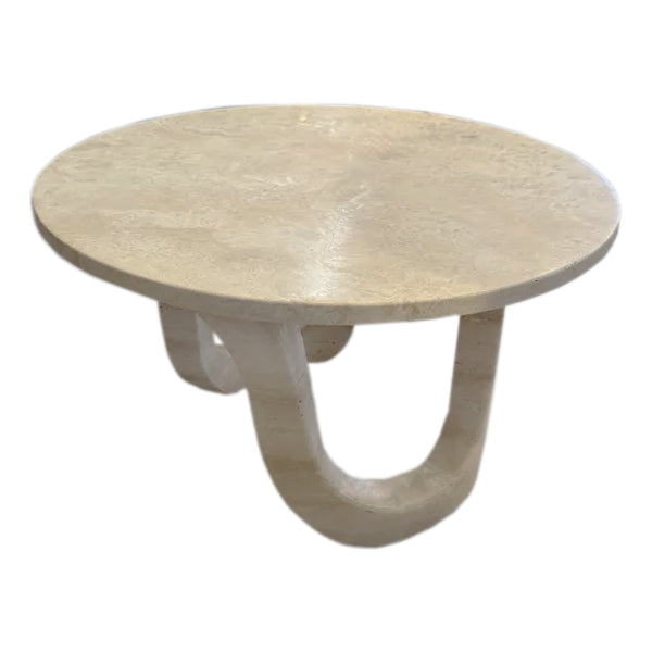 Troia Light Travertine Vein-cut Designer Round Polished Coffee Table (D)24" (H)14" angle view