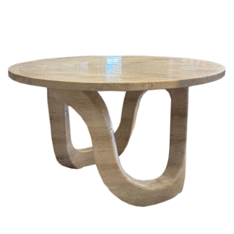 Troia Light Travertine Vein-cut Designer Round Polished Coffee Table (D)24" (H)14" side view