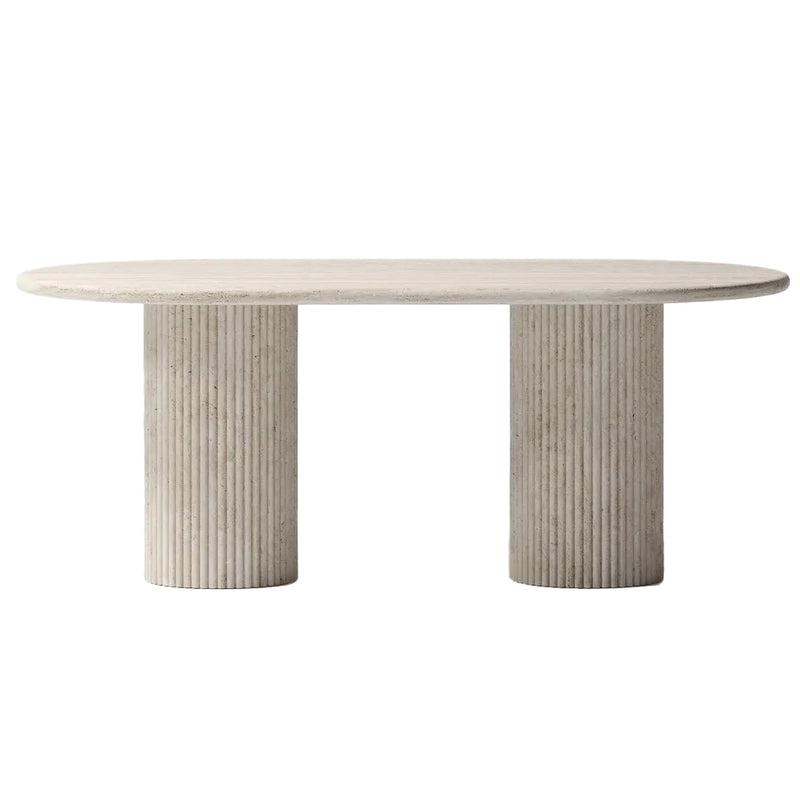 Troia Light Travertine Oval Dining Table with Fluted Round Legs (W)40" (L)75" (H)30" front view