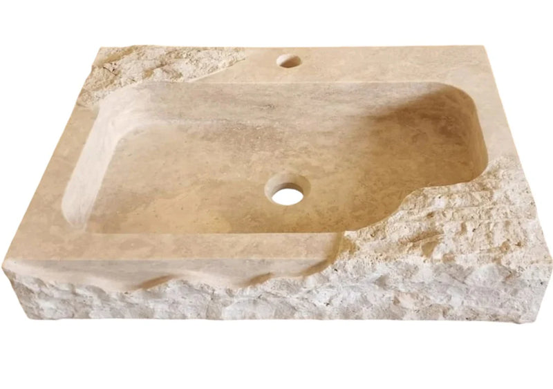 Beige Travertine Rectangular Wall-mount Bathroom Sink Rustic (W)16" (L)24" (H)5" top angle view