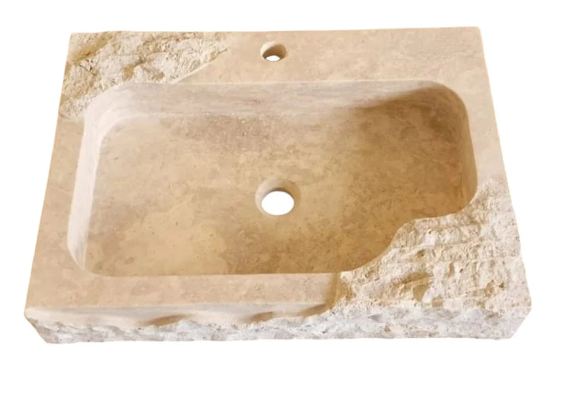 Beige Travertine Rectangular Wall-mount Bathroom Sink Rustic (W)16" (L)24" (H)5" top angle view 2