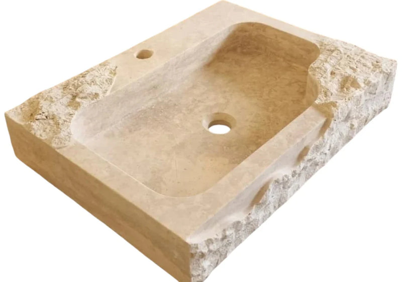 Beige Travertine Rectangular Wall-mount Bathroom Sink Rustic (W)16" (L)24" (H)5" angle view