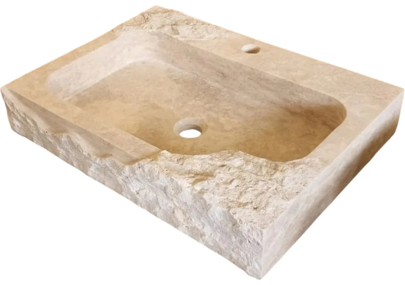 Beige Travertine Rectangular Wall-mount Bathroom Sink Rustic (W)16" (L)24" (H)5" profile view