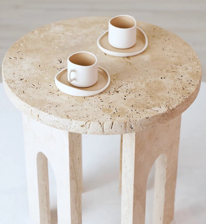 Troia Light Travertine Round End/Side Table U Shape Legs Unfilled, Honed (D)18" (H)20" espresso cups on the table