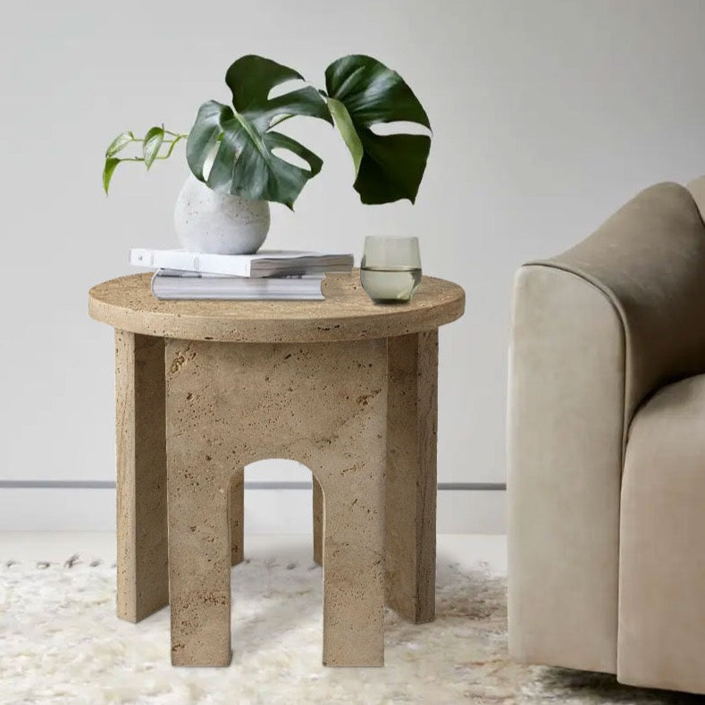 Troia Light Travertine Round End/Side Table U Shape Legs Unfilled, Honed (D)18" (H)20" installed living room