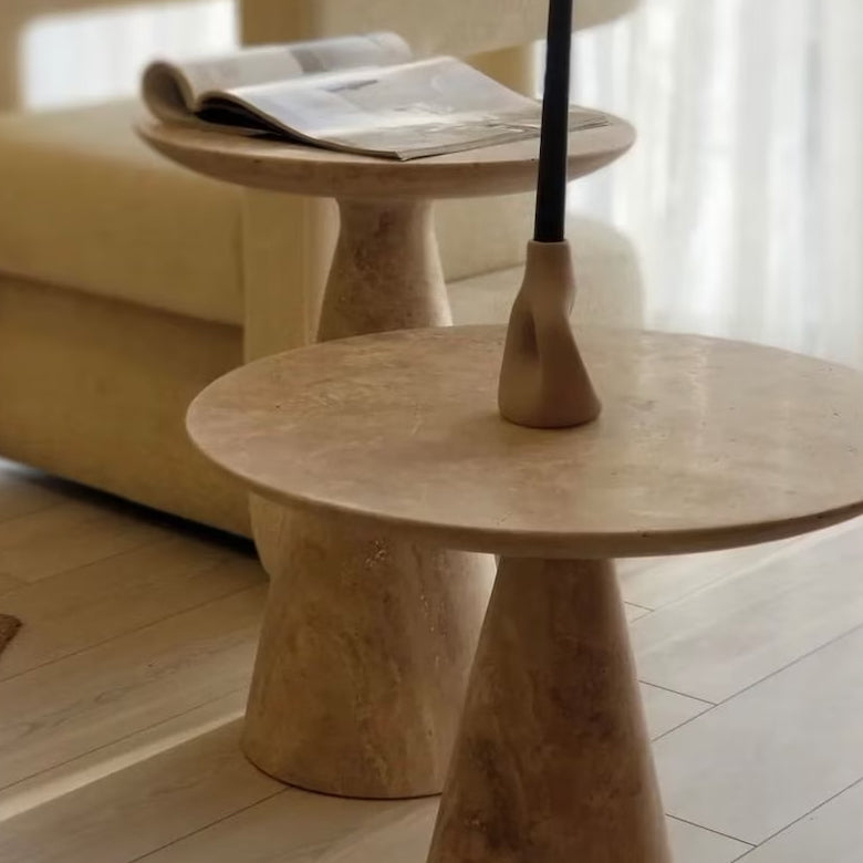 Troia Light Travertine Round End/Side Table Conic Shape Leg Honed (D)18" (H)18.5" installed living room
