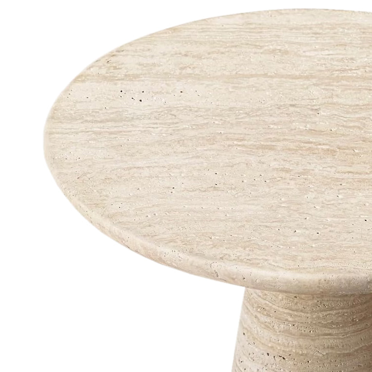 Troia Light Travertine Round End/Side Table Conic Shape Leg Honed (D)18" (H)18.5" profile view