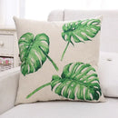 Tropical green plant leaves linen cushion cover living room pillow