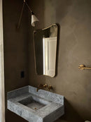 Tundra Gray Marble Rectangular Wall-mount Bathroom Sink with 6" Backsplash (W)16" (L)32" (H)10" installed bathroom gold faucet and gold frame mirror  wide view