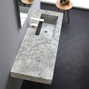 Tundra Gray Marble Rectangular Wall-mount Vanity Top Sink (W)20" (L)48" (H)5" angle view installed bathroom wood look ceramic tile son floor and wooden side table