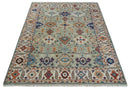 Turkish Knot Antique Green and Ivory Traditional Hand knotted Wool Rug