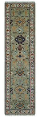 Turkish Knot Antique Green and Ivory Traditional Hand knotted Wool Rug