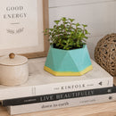 Hexagon-Shaped Pottery Plant Holder | Aqua & Yellow | 4.5" x 3.75" x 2" | Color Crete Creations