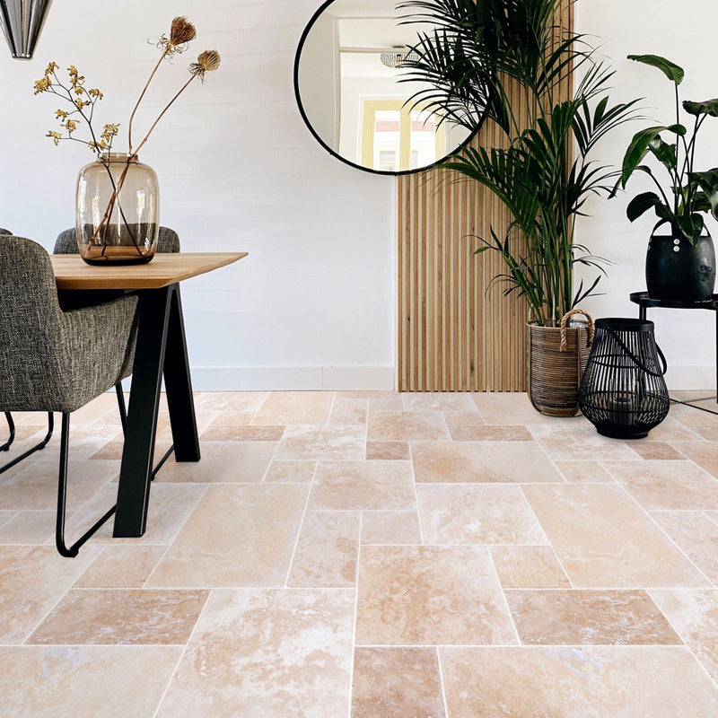 tuscany beige travertine floor wall tile 4-sized pattern brushed chiseled installed on modern living room floor