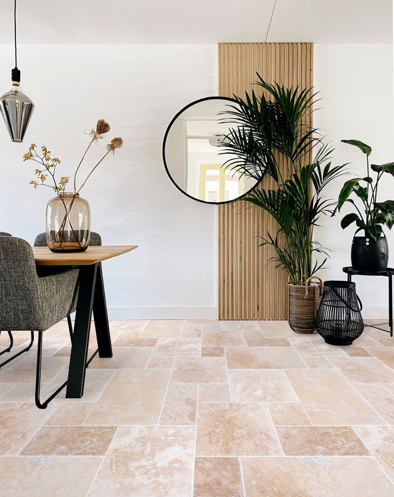 tuscany beige travertine floor wall tile 4-sized pattern brushed chiseled installed on modern living room floor wide