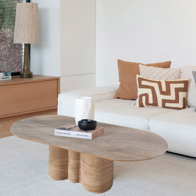 Tuscany Walnut Travertine Vein-cut Oval Shape Coffee Table Wavy Legs (W)20" (L)40" (H)18" modern living room