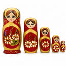 Set of 5 White Flowers on Red Nesting Dolls 6.5 Inches